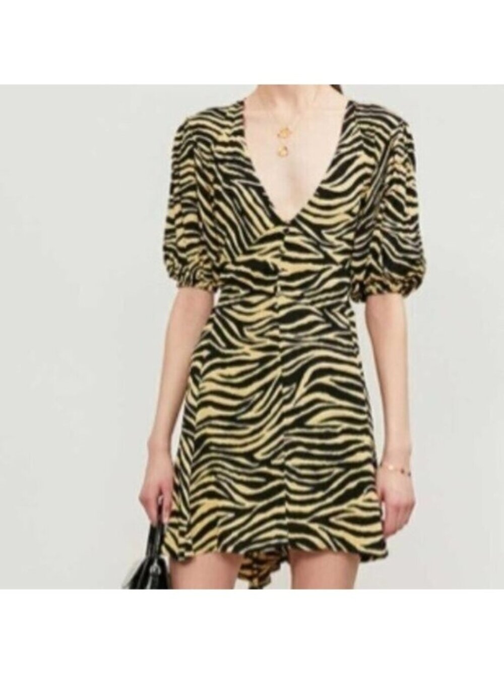 Faithfull the Brand Ilia Mini Dress M Yellow Black Zebra Animal Print Flowy Boho